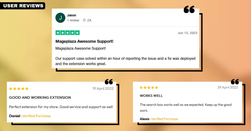 Screenshot of user reviews for the Mageplaza Ajax Search extension, reflecting the positive experiences of customers using this Magento search extension.