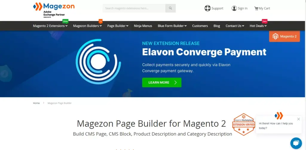 Screenshot showcasing the homepage of the Magezon Page Builder extension, a powerful tool for creating custom pages in Magento 2 stores