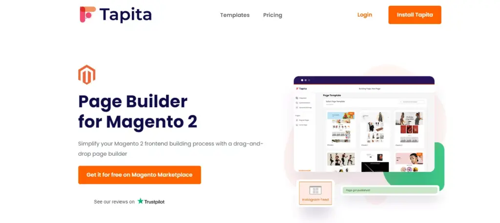 Screenshot showcasing the homepage of the Magento 2 Page Builder by Tapita, highlighting its key features and benefits for creating custom web pages.