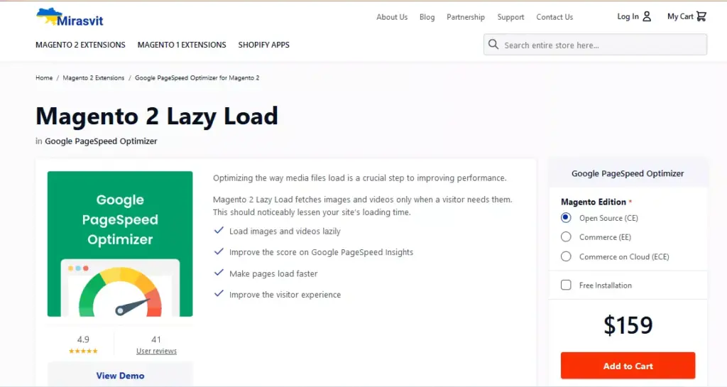 Screenshot of the Mirasvit's Magento 2 Lazy Load extension webpage, highlighting the key features, compatibility, and pricing details of the extension for improving website performance.