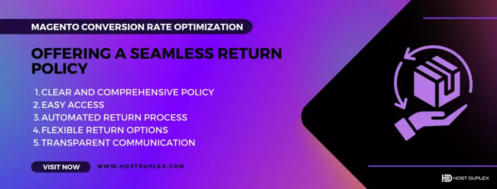 Offering a Seamless Return Policy strategy for Magento conversion rate optimization, depicted by an icon of a product returned.