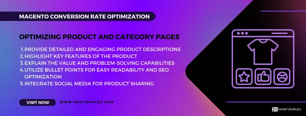 Optimizing product and category pages strategy for Magento conversion rate optimization, illustrated by a webpage with product description icon