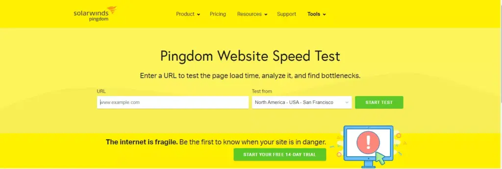 Screenshot of the Pingdom website interface, showcasing its features for conducting WordPress website speed tests.
