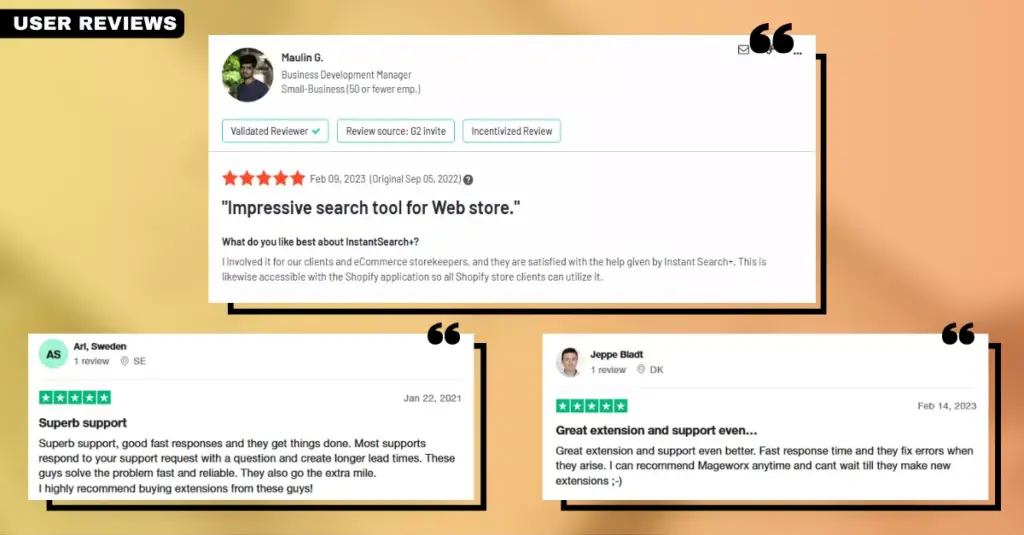 Screenshot of user reviews for the Search Autocomplete for Magento 2 by Mageworx extension, showcasing customer satisfaction with this Magento search extension.