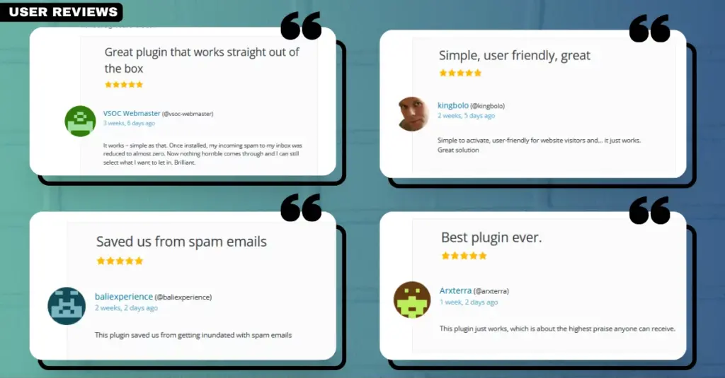 Screenshot showcasing user reviews for the Spam Protection, AntiSpam, FireWall by CleanTalk plugin, highlighting its effectiveness as a WordPress anti-spam solution.