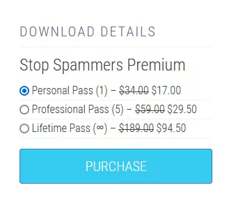 Screenshot displaying the pricing details for the Stop Spammers plugin, an effective solution for blocking spam on WordPress websites.