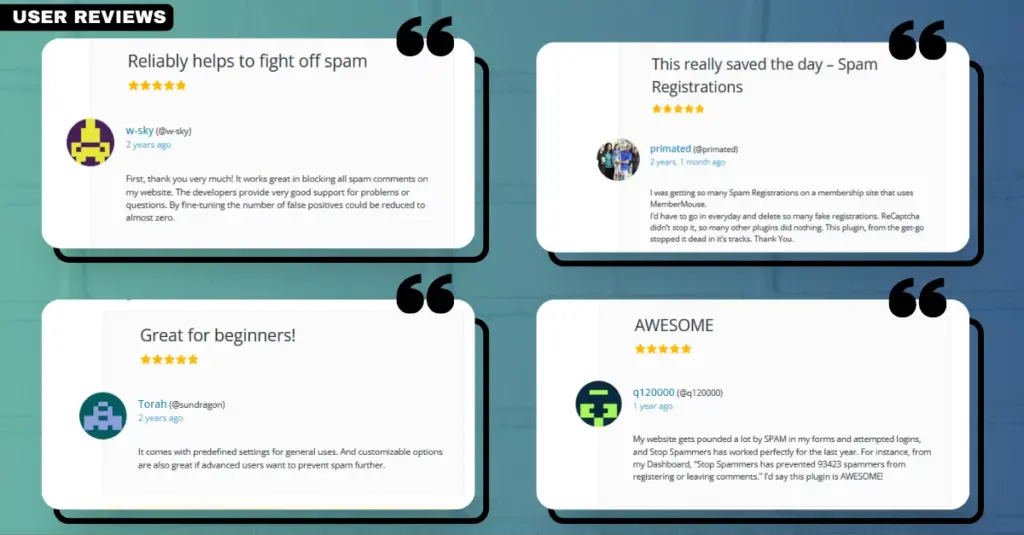 Screenshot showing user reviews for the Stop Spammers plugin, highlighting its effectiveness as a WordPress anti-spam solution.