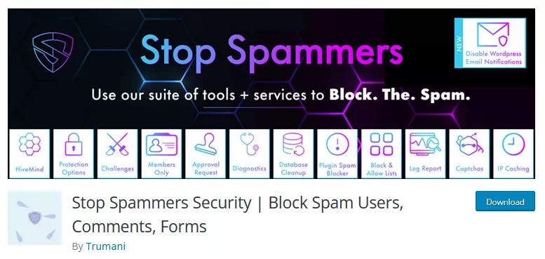 Screenshot showcasing the Stop Spammers plugin in the WordPress repository, a popular choice for anti-spam protection on WordPress sites.