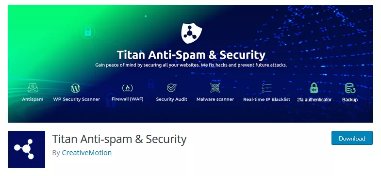 Screenshot displaying the Titan Anti-spam & Security plugin in the WordPress repository, a popular choice for WordPress anti-spam protection.