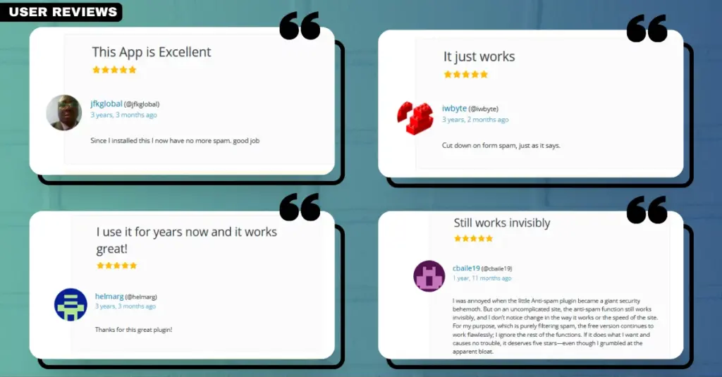 Screenshot displaying user reviews for the Titan Anti-spam & Security plugin, highlighting its effectiveness as a WordPress anti-spam solution.