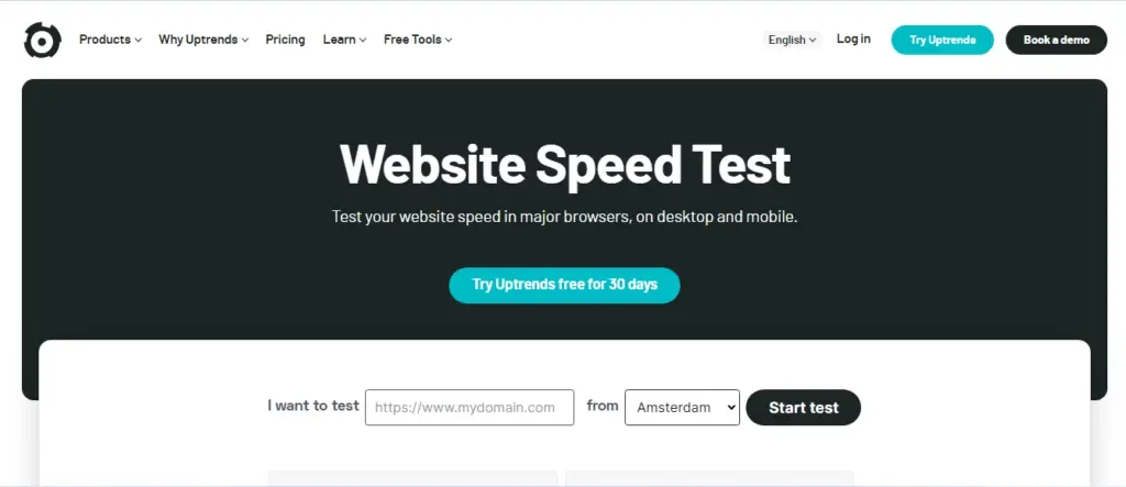 Screenshot of the UpTrends Speed Test website, a reliable tool for testing WordPress website speed and performance.