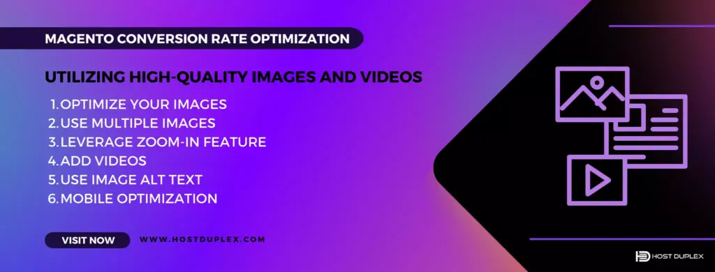 Utilizing high-quality images and videos strategy for Magento conversion rate optimization, depicted by an icon of image media and video.