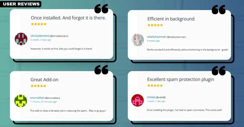 Screenshot of user reviews for WP Armour plugin, showcasing positive feedback and testimonials from satisfied users.