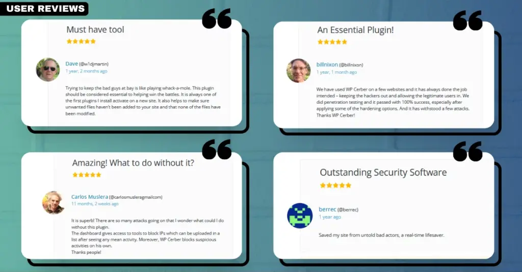 Screenshot showing user reviews for the WP Cerber Security plugin, a highly-rated anti-spam tool for WordPress sites