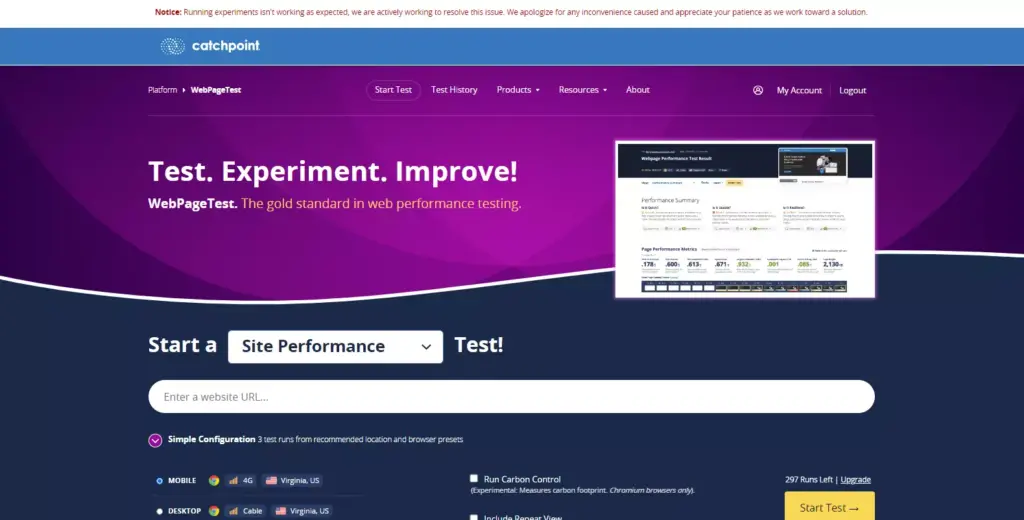 Screenshot of the WebPageTest website, a key tool for conducting WordPress website speed tests.