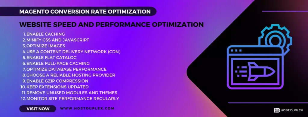 Website speed and performance optimization strategy for Magento conversion rate optimization, represented by a web speed optimization icon.
