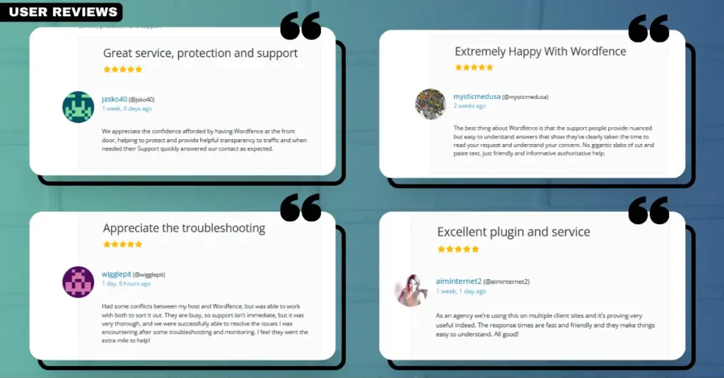 Screenshot of Wordfence user reviews, highlighting positive feedback and testimonials about the plugin's effectiveness in WordPress security