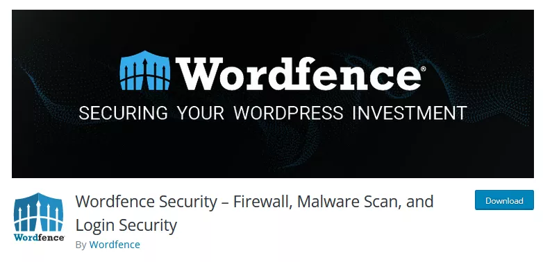 Screenshot of Wordfence in the WordPress repository, displaying the plugin's details and information for website security and protection.