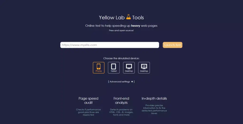 Screenshot of Yellow Lab Tools' website, a key resource for conducting speed tests and optimizing WordPress website performance.