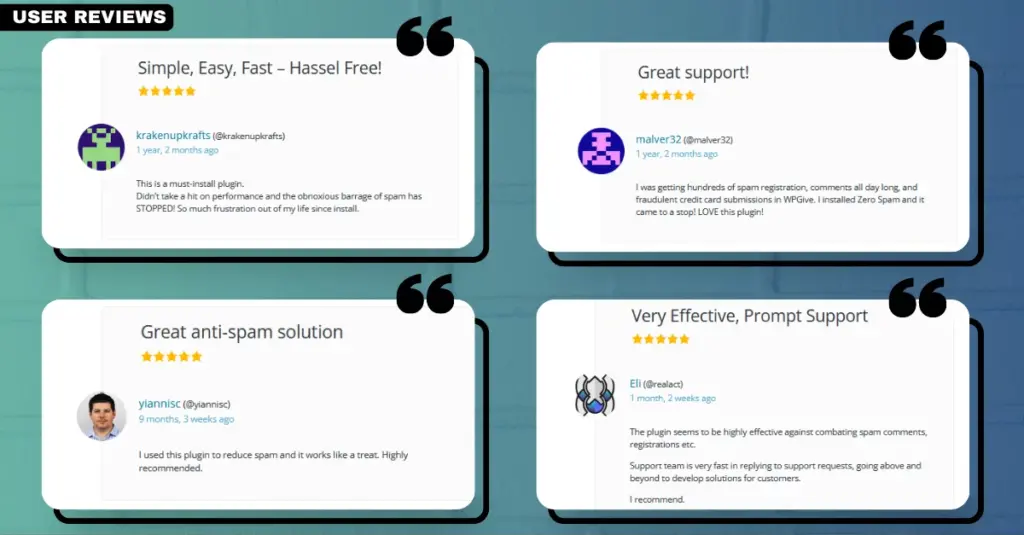 Screenshot showing user reviews for the Zero Spam plugin, highlighting its effectiveness as a WordPress anti-spam solution.