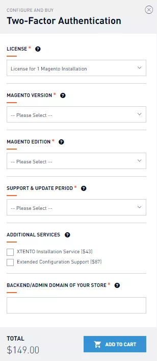 Screenshot displaying the pricing details of the Two-Factor Authentication by XTENTO extension, a vital Magento 2 security solution for ecommerce stores.