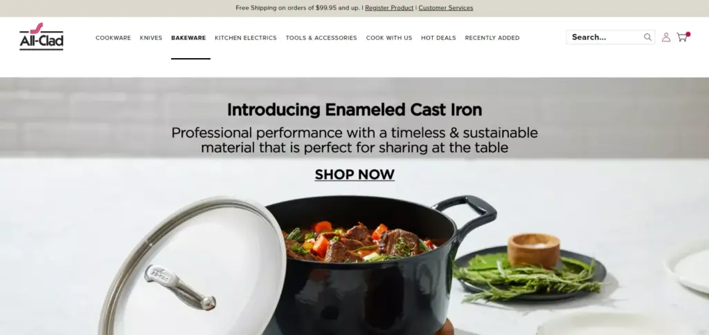 All Clad's official website homepage displaying premium cookware collections and brand design