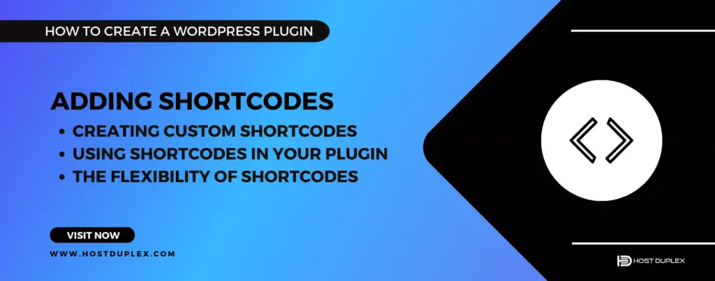 Image displaying the heading 'Adding Shortcodes' complemented by a shortcode icon, illustrating this integral step in how to create a WordPress plugin.