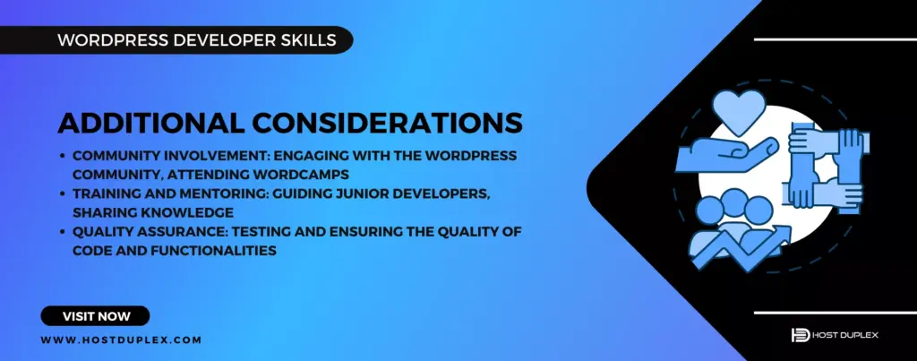 Icon representing additional considerations alongside an image of comprehensive subheadings, highlighting the supplementary aspects of WordPress developer skills