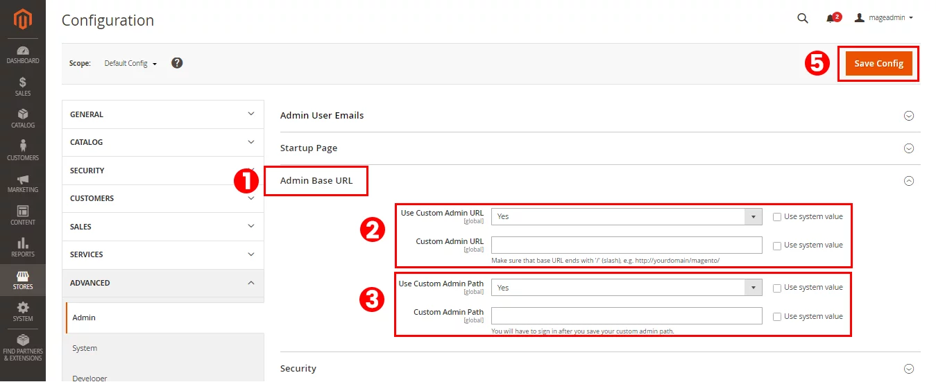 Screenshot of Magento dashboard: Configuring settings within for establishing a custom admin URL.