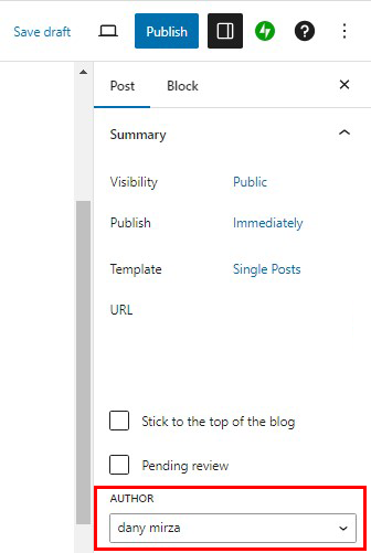 Screenshot of the block editor's Author section to assign an author to the post.