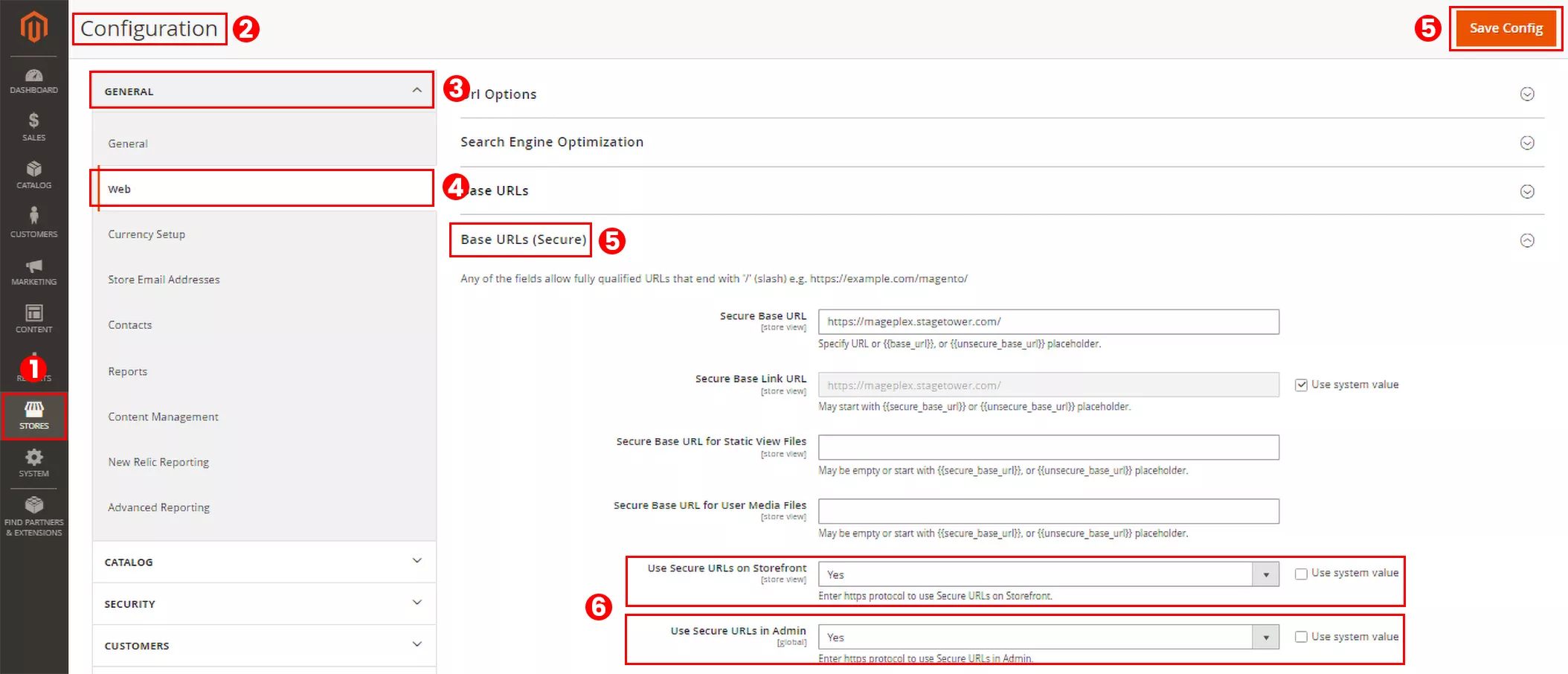 Screenshot of Magento dashboard: Adjusting 'Base URL (Secure)' settings for enhanced site security.