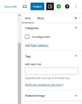 screenshot of Categories and Tags section in Block Editor for organizing a Post.