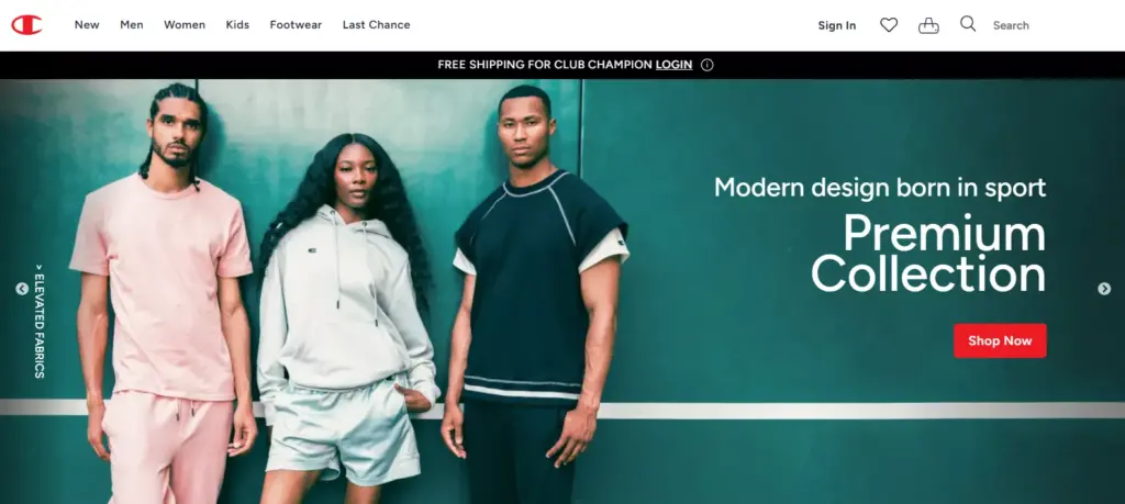 Champion official website homepage showcasing their signature athletic wear and latest sportswear collections