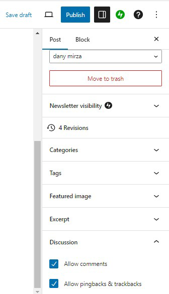 Screenshot of comment settings of the post in block editor
