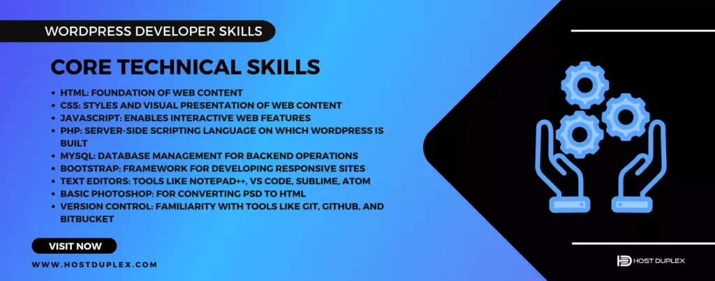 Icon representing core technical skills next to highlighted subheadings, emphasizing the foundational WordPress developer skills