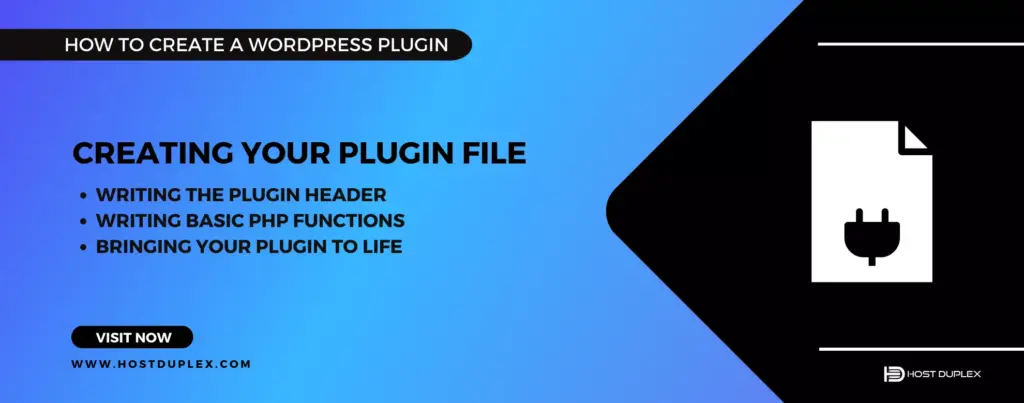 Image showcasing the heading 'Creating Your Plugin File' accompanied by an icon of a plugin file, emphasizing this essential step in how to create a WordPress plugin.