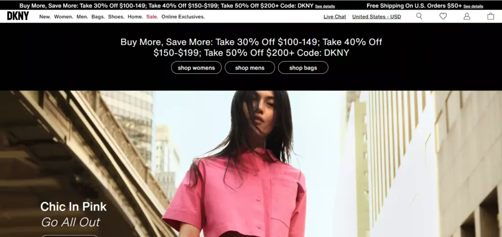DKNY official website homepage displaying their latest urban fashion collections and iconic New York-inspired designs.