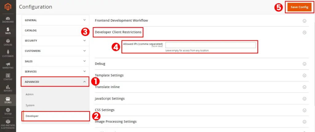 Screenshot of Magento dashboard: Configuring 'Developer Client Restrictions' settings in Magento 2.
