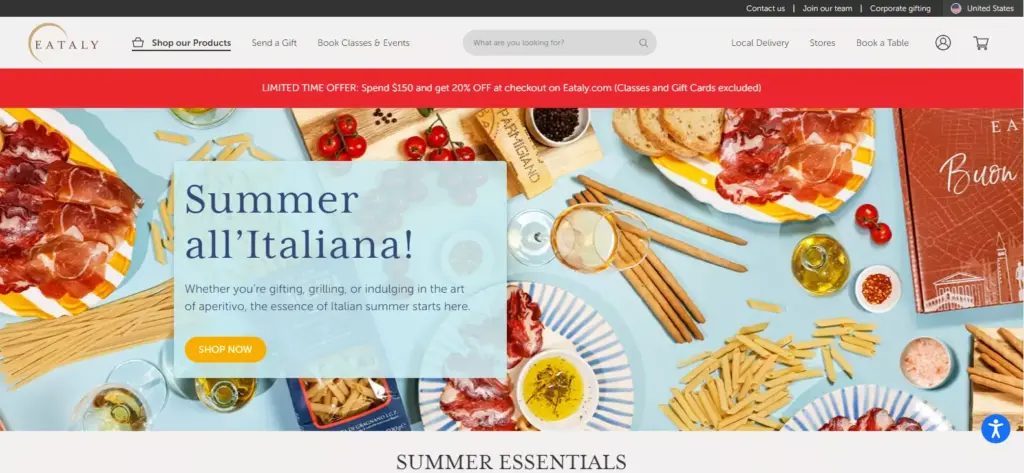 Eataly official website homepage displaying their gourmet Italian food market and culinary delights