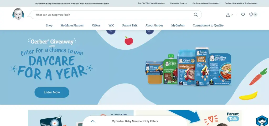 Screenshot of Gerber's official website interface, showcasing Brands Using Magento for their online presence