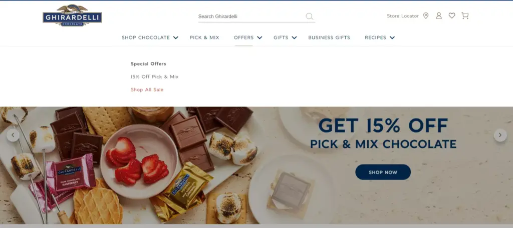 Screenshot showcasing Ghirardelli's rich e-commerce interface, a prime example of brands leveraging Magento for a seamless online shopping experience.