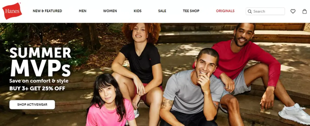 Hanes official website homepage showcasing their premium underwear collections and featured promotions.