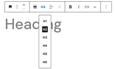 Screenshot of setting heading level in the heading block using Quick editor tool