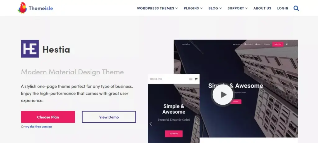 Website of the 'Hestia' customizable WordPress theme