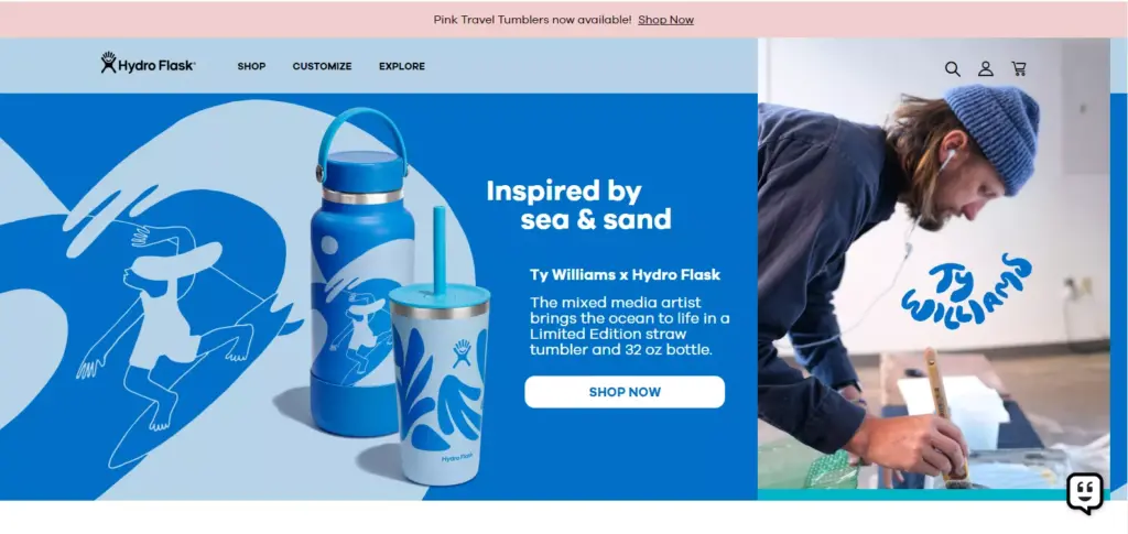 Hydro Flask official website homepage showcasing their premium insulated water bottles and drinkware.