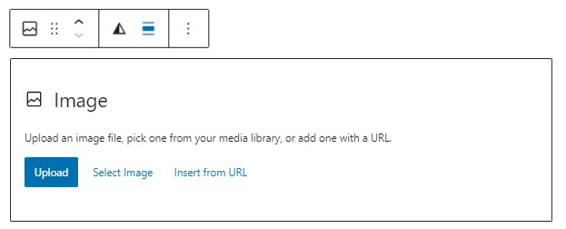 Screenshot of Image block in WordPress block editor to upload/add an iamge in the post.