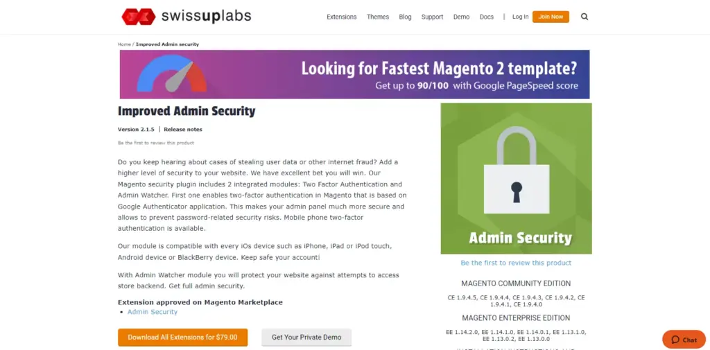 Screenshot of the Improved Admin Security by Swissuplabs website, highlighting advanced features for enhancing Magento admin panel security.