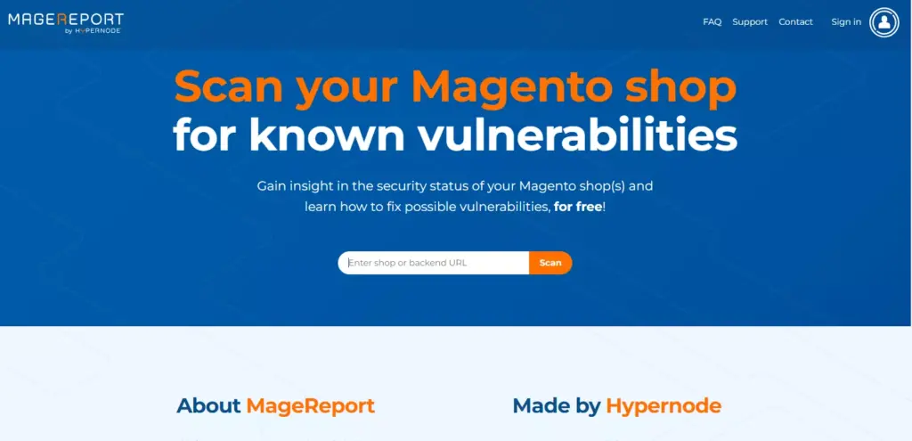 Screenshot of the MageReport by Hypernode website, showcasing a comprehensive tool for Magento security analysis and insights.