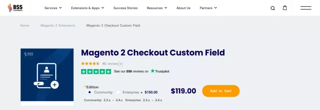 Screenshot of Magento 2 Checkout Custom Field By BSS Commerce website 