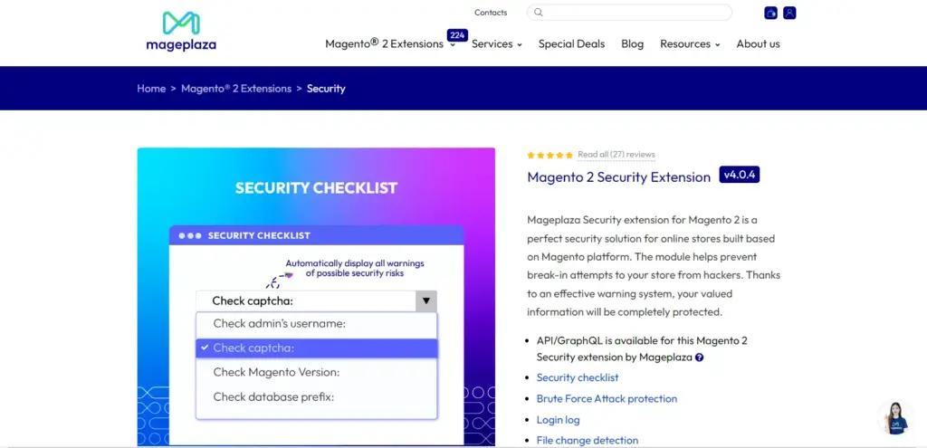 Screenshot of the Magento 2 Security extension by Mageplaza website, showcasing features and details of this essential security solution for Magento stores.